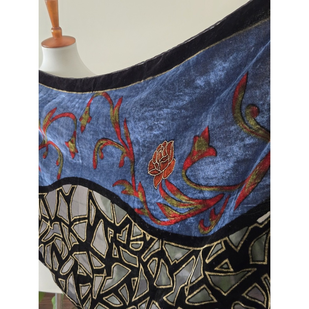 VTG 100% Silk Burnout Velvet Piano Scarf Shawl Art Deco Stain Glass Whimsigoth